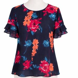 Van Heusen XL Navy Floral Blouse Ruffle Sleeve Workwear Career Top